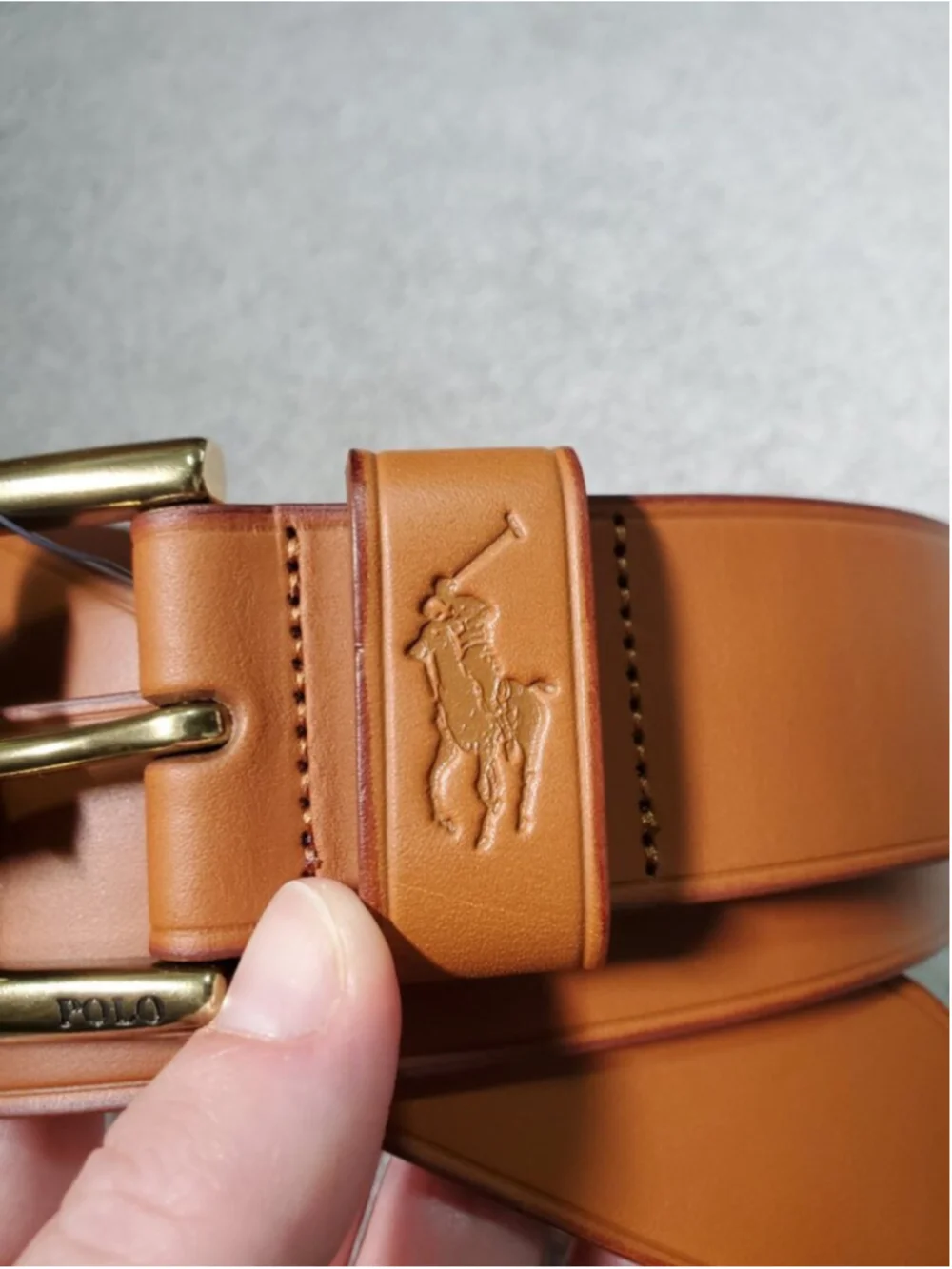 POLO RALPH LAUREN NWT Leather Belt Tan Brass 32 Embossed Pony Logo Dress Office
